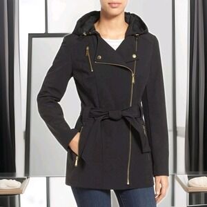 Michael Kors Asymmetrical Zip Up Black & Gold Winter Pea Coat Women's XL EUC